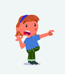  Indigned cartoon character of little girl on jeans vehemently shakes his hand