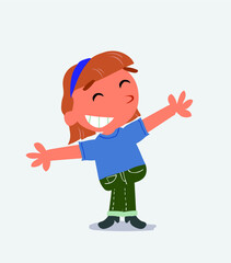  Pleased cartoon character of little girl on jeans points to something