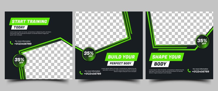 Gym, Fitness, Workout Social media post templates design collection. Modern square banner with abstract green shape and place for the photo. Usable for social media, banners, and websites.