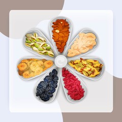 Nuts and dried fruit raw food assorted in bowls vector illustration