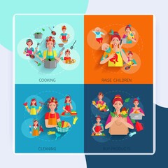 Housewife design concepts with raise children cooking buying products cleaning flat icons isolated vector illustration