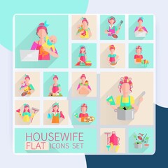 Housewife flat icons set with woman housework activities isolated vector illustration