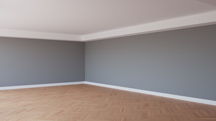 Beautiful Interior Corner with Gray Walls, Parquet Floor, and a White Plinth. 3d render. Ultra HD 8K 7680x4320