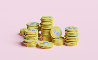 dollar coins stacks isolated on pink pastel background, 3d illustration or 3d render