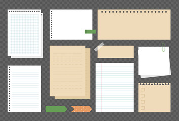 Note papers sheets. Vector set of various blank sheets, note papers and paper clips for message, notice. Vintage paper sheets, pieces stuck, square and lined paper isolated on transparent background