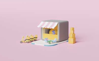 Fototapeta na wymiar store front with coffee table ,goods box ,scooter team,money bag isolated on pink pastel composition ,franchise business or fast package shipping delivery concept ,3d illustration or 3d render