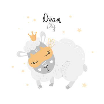Sleeping cute lamb. Big dreams. Children's. Vector illustration. Isolated on a white background. Flat style.