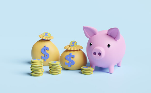 piggy bank with money bag,dollar coins isolated on blue pastel background ,business banking or saving money concept ,3d illustration or 3d rendering