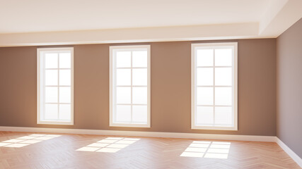 Beautiful Empty Sunlit Interior with Three Large Windows, Light Parquet Floor and a white Plinth with Work Path on Windows. 3d render. Ultra HD 8K 7680x4320