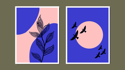 Abstract Wall Art Painting Stream Sights. Minimalist Plant and Birds Artwork. Hand Drawn Shapes for Wall Framed Prints, Canvas Prints, Posters, & Home Decoration. 