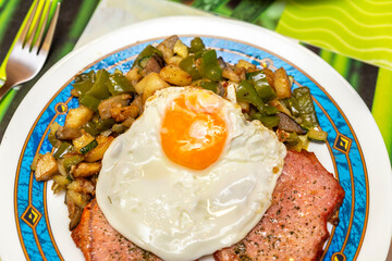 fried egg with grilled fillets pork tenderloin and vegetables. combo platter