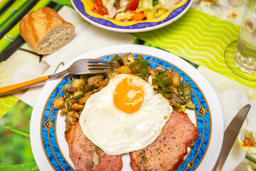 fried egg with grilled fillets pork tenderloin and vegetables. combo platter