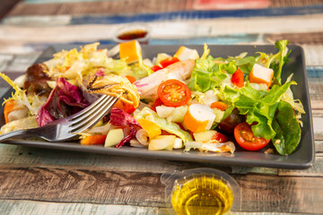 multicolor seafood salad with proteins and vegetables