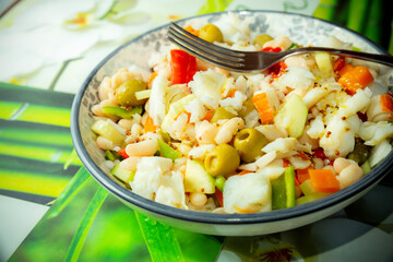 white beans and codfish salad with bell pepper,onion and olives