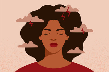 African American woman feels anxiety and emotional stress. Depressed black girl experiences mental health issues. Concept of psychological problem. Vector illustration.