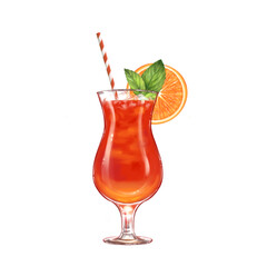 Summer cocktail in glass with orange slice and drinking straw isolated on white