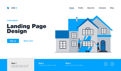 Happy couple painting house facade. Ladder, home, renewal flat vector illustration. Renovation or construction concept for banner, website design or landing web page