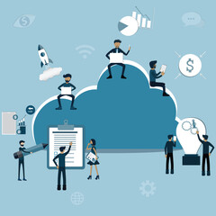 Flat of cloud technology,Many people stay around the cloud and do any activity - Vector