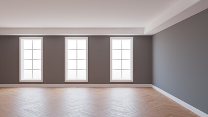 Empty Interior with Grey Walls, Three Large Windows, Light Parquet Floor and a white Plinth with Work Path on Windows. 3D Illustration. Ultra HD 8K 7680x4320