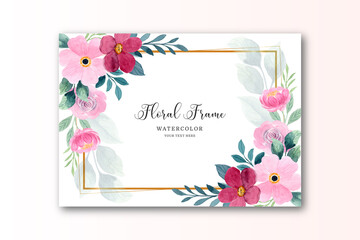Red pink watercolor floral background with golden frame