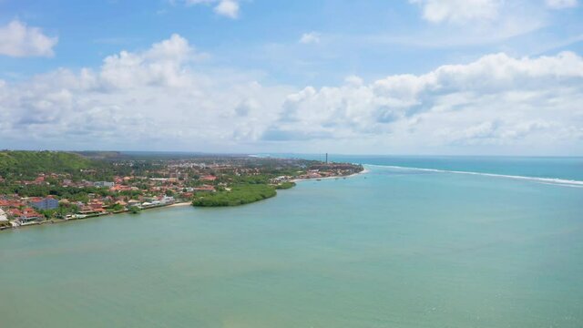 Drone flight over Conchas beach in Barra de S&atilde;o Miguel, Alagoas, Brazil