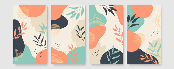 Tropical boho themed banners set. Creative compositions of colorful palm leaves and branches. Floral geometric design template for posters, covers, social media stories. Flat style vector illustration