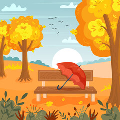Autumn landscape background. Vector illustration of bench, umbrella, yellow trees and fallen leaves. Vector illustration in flat style