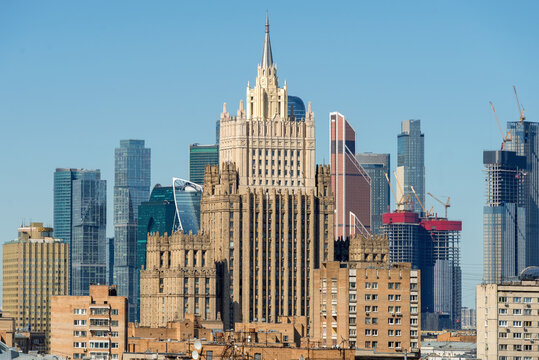 View of the building of the Ministry of Foreign Affairs of the Russian Federation and the Moscow City business center on a sunny day. Famous tourist places. Moscow, Russia