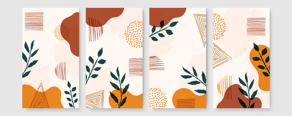 Tropical boho themed banners set. Creative compositions of colorful palm leaves and branches. Floral geometric design template for posters, covers, social media stories. Flat style vector illustration