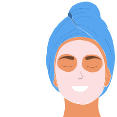 Web banner with beautiful girl taking care of her face and using facial sheet mask. Adorable woman making skincare procedures. Skin care routine, hygiene and moisturizing concept. Vector illustration 