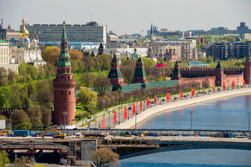 Aerial view of the Moscow Kremlin, the Moskva River and the Kremlin embankment on a spring day