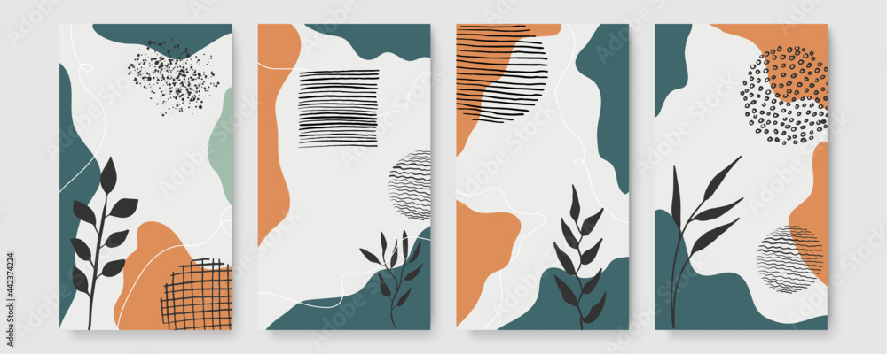 Poster vector design templates in simple modern style with copy space for text, flowers and leaves - weddin