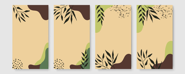 Set of floral universal artistic templates. Good for greeting cards, invitations, flyers and other graphic design. Organic background with blob, floral, leaf, abstract shapes and dots. Colourful art