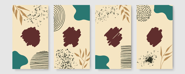 Set of floral universal artistic templates. Good for greeting cards, invitations, flyers and other graphic design. Organic background with blob, floral, leaf, abstract shapes and dots. Colourful art