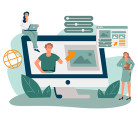 Marketing team working on personal brand, creating corporate identity, advertising profile or web site of female professional. Flat vector illustration for web presence, online identity concept