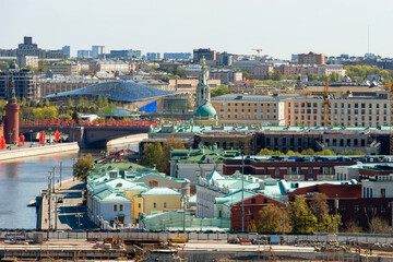 Aerial view of the Moskva River and the Sofia embankment on a spring day