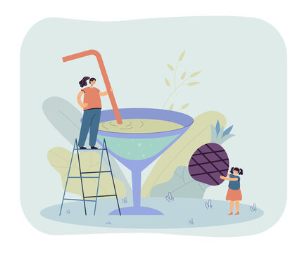 Woman and little girl making giant berry cocktail together. Flat vector illustration. Mom and daughter making refreshing drink in glass with straw and berries. Summer, drink, cooking, family concept