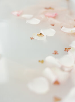 Little pretty rose flowers and dried hydraengas petals on a milk bath