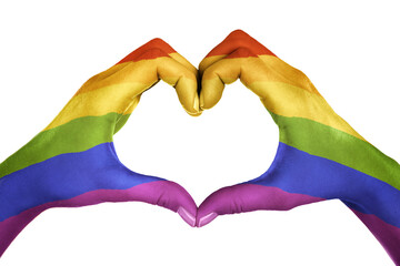 Female hands, painted in the LGBT flag,  forming heart shape isolated on white background