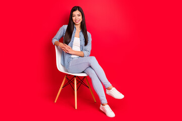 Full length body size view of attractive cheerful girl sitting in chair waiting hiring meeting...