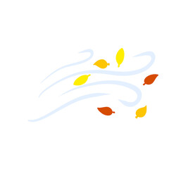 Autumn Wind. Stream of air with red and yellow leaves. Blue wavy line. Breeze and weather icon. Leaf fall. Flat illustration