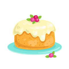 Cake decorated with cream and berries. In cartoon style. Isolated on white background. Vector illustration