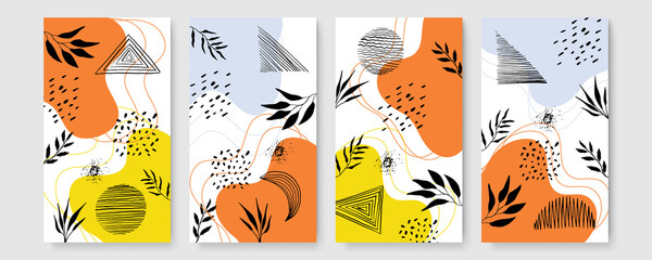 Set of universal hand drawn floral template for cover. Home decor, backgrounds, cards. Children abstract and floral design in doodle style. Vector illustration and seamless pattern