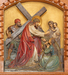 VIENNA, AUSTIRA - JUNI 18, 2021: The relief of Veronica wipes the face of Jesus in the Herz Jesu...