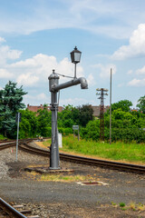 Water crane for filling steam locomotives at one of the last narrow gauge railway stations in Germany 