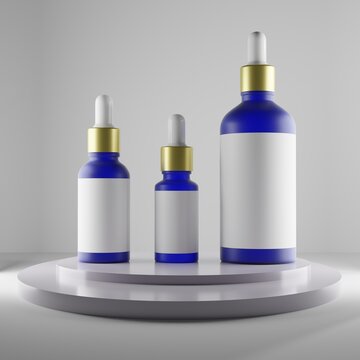 3 Sizes Of Frosted Blue Dropper Bottle With A Blank Label For Mockup