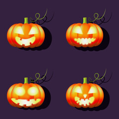 four pumpkins for the halloween holiday who have different sinister smiles and glowing eyes