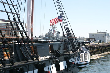 Fototapeta na wymiar USS Constitution Old Ironsides Captains Quarters and tern with the American Flag Waving Above
