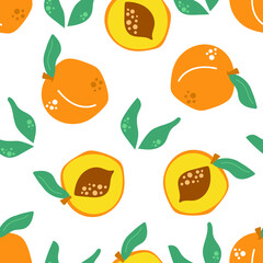 Seamless pattern of peaches with leaves. Modern illustration.