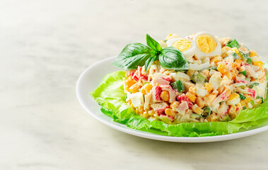 Fresh Crab salad, with mayonnaise, cooked, on a white plate, horizontal, no people,